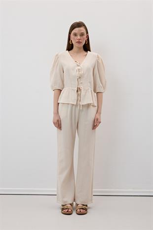 Ön Bağlamalı Kolu Lastikli Müslin Bluz TAŞ