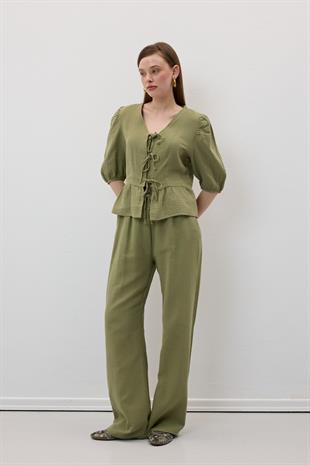 Ön Bağlamalı Kolu Lastikli Müslin Bluz HAKİ