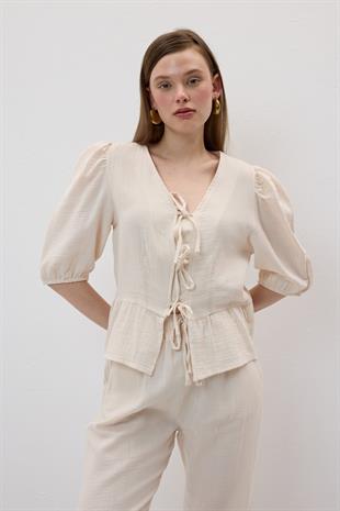Ön Bağlamalı Kolu Lastikli Müslin Bluz TAŞ