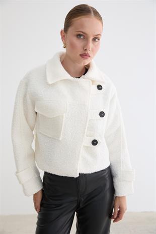 Ön Düğmeli Cep Detaylı Kısa Mont EKRU