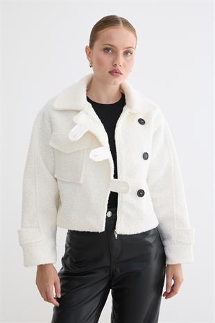 Ön Düğmeli Cep Detaylı Kısa Mont EKRU