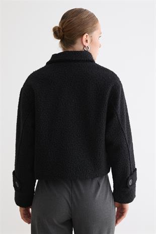 Ön Düğmeli Cep Detaylı Kısa Mont SİYAH