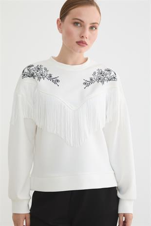 Ön Püsküllü Roba Nakış Detaylı Sweatshırt EKRU