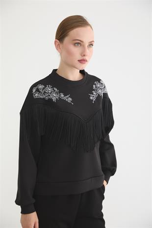 Ön Püsküllü Roba Nakış Detaylı Sweatshırt SİYAH