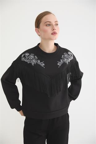 Ön Püsküllü Roba Nakış Detaylı Sweatshırt SİYAH