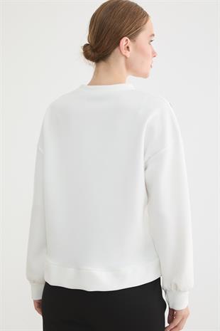 Ön Püsküllü Roba Nakış Detaylı Sweatshırt EKRU