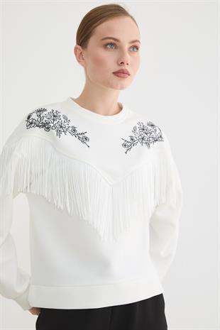 Ön Püsküllü Roba Nakış Detaylı Sweatshırt EKRU