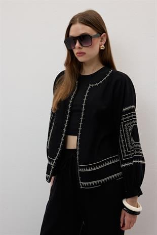 Ön Ve Kol Nakış Detaylı Gömlek SİYAH