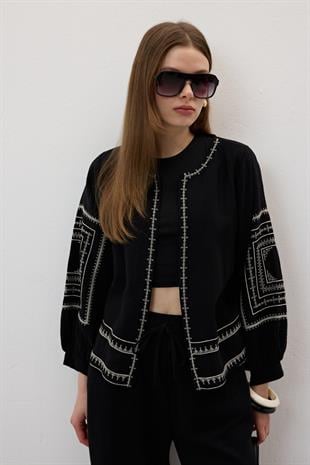 Ön Ve Kol Nakış Detaylı Gömlek SİYAH