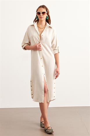 Önden Düğmeli Uzun Keten Tunik TAŞ