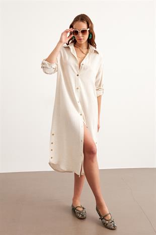 Önden Düğmeli Uzun Keten Tunik TAŞ