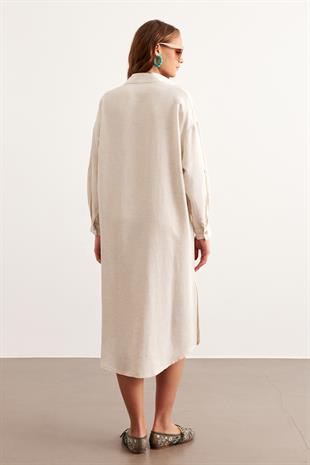 Önden Düğmeli Uzun Keten Tunik TAŞ