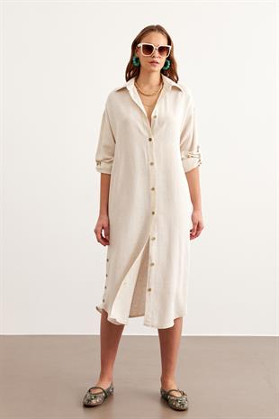 Önden Düğmeli Uzun Keten Tunik TAŞ