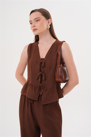 Önü Bağlamalı Kolsuz Bluz KAHVE