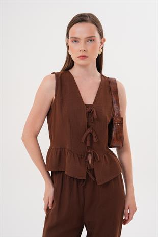 Önü Bağlamalı Kolsuz Bluz KAHVE