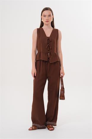 Önü Bağlamalı Kolsuz Bluz KAHVE