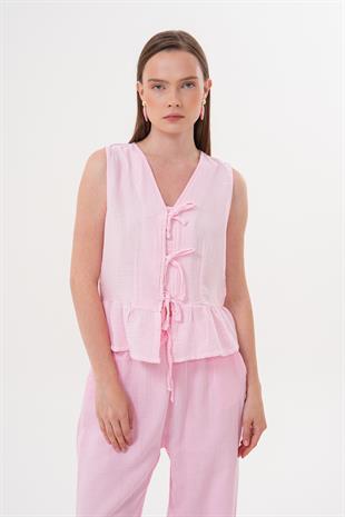Önü Bağlamalı Kolsuz Bluz PEMBE