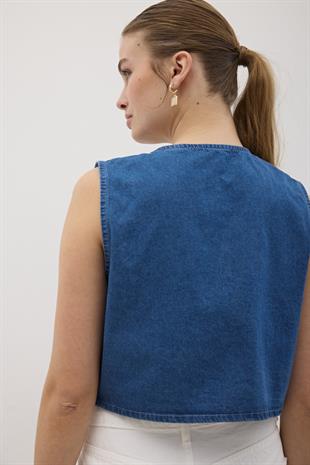 Önü Bağlamalı Kolsuz Kot Yelek KOYU MAVİ