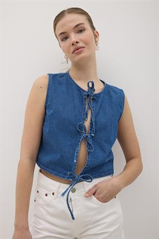 Önü Bağlamalı Kolsuz Kot Yelek KOYU MAVİ
