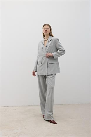 Önü Düğme Detaylı Fermuarlı Pantolon AÇIK GRİ