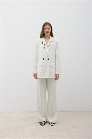 Önü Düğme Detaylı Fermuarlı Pantolon EKRU