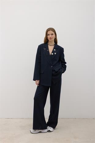 Önü Düğme Detaylı Fermuarlı Pantolon LACİVERT