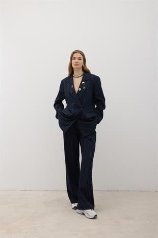 Önü Düğme Detaylı Fermuarlı Pantolon LACİVERT