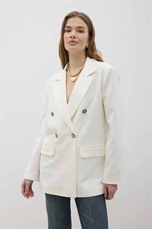 Önü Düğme Detaylı Omzu Vatkalı Blazer Ceket BEYAZ
