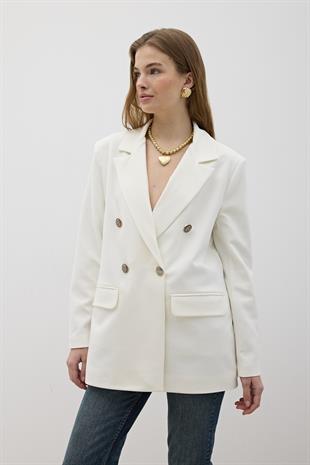 Önü Düğme Detaylı Omzu Vatkalı Blazer Ceket BEYAZ