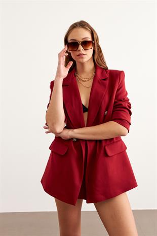 Önü Düğme Detaylı Omzu Vatkalı Blazer Ceket BORDO
