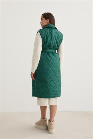 Önü Düğmeli Beli Kuşak Detaylı Kapitone Yelek KOYU YEŞİL