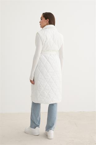 Önü Düğmeli Beli Kuşak Detaylı Kapitone Yelek EKRU