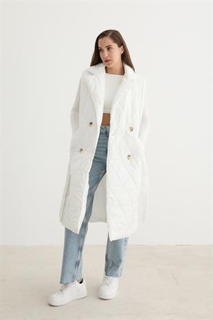 Önü Düğmeli Beli Kuşak Detaylı Kapitone Yelek EKRU