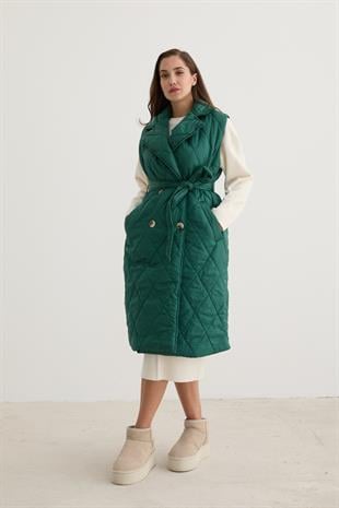 Önü Düğmeli Beli Kuşak Detaylı Kapitone Yelek KOYU YEŞİL