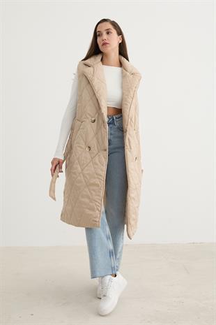 Önü Düğmeli Beli Kuşak Detaylı Kapitone Yelek TAŞ