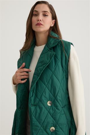 Önü Düğmeli Beli Kuşak Detaylı Kapitone Yelek KOYU YEŞİL