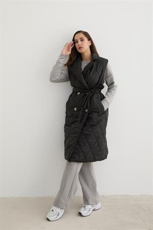 Önü Düğmeli Beli Kuşak Detaylı Kapitone Yelek SİYAH