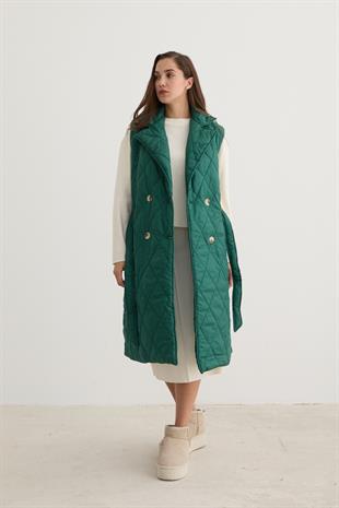 Önü Düğmeli Beli Kuşak Detaylı Kapitone Yelek KOYU YEŞİL