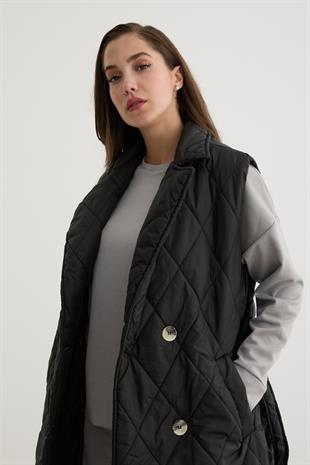 Önü Düğmeli Beli Kuşak Detaylı Kapitone Yelek SİYAH