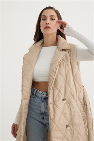 Önü Düğmeli Beli Kuşak Detaylı Kapitone Yelek TAŞ