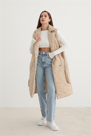 Önü Düğmeli Beli Kuşak Detaylı Kapitone Yelek TAŞ