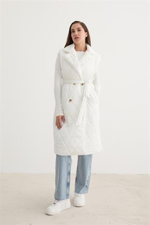 Önü Düğmeli Beli Kuşak Detaylı Kapitone Yelek EKRU