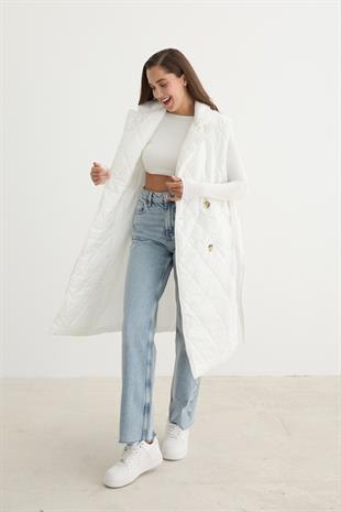 Önü Düğmeli Beli Kuşak Detaylı Kapitone Yelek EKRU