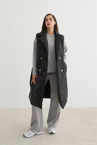 Önü Düğmeli Beli Kuşak Detaylı Kapitone Yelek SİYAH