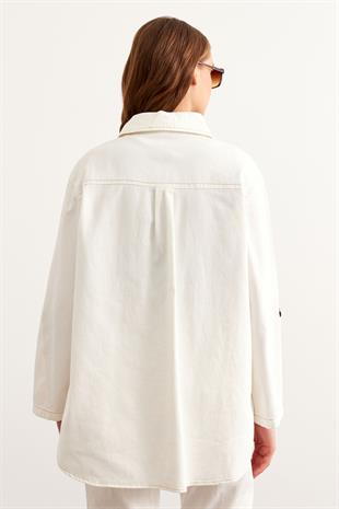Önü Düğmeli Cep Detaylı Gabardin Ceket EKRU