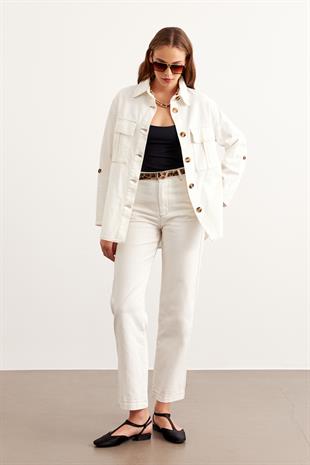 Önü Düğmeli Cep Detaylı Gabardin Ceket EKRU