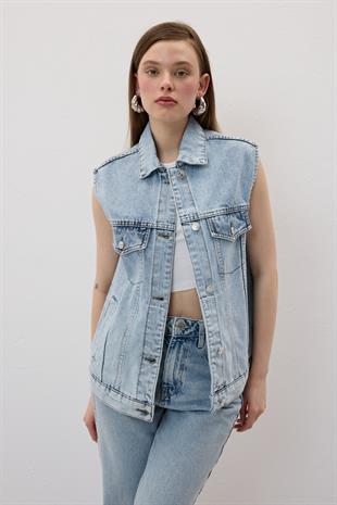 Önü Düğmeli Cep Detaylı Kot Yelek KAR YIKAMA