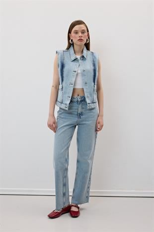 Önü Düğmeli Cep Detaylı Kot Yelek KAR YIKAMA