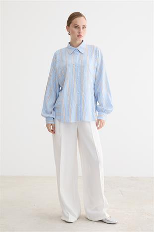 Önü Düğmeli Çizgili Oversize Gömlek MAVİ