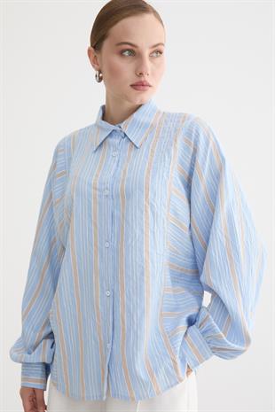 Önü Düğmeli Çizgili Oversize Gömlek MAVİ